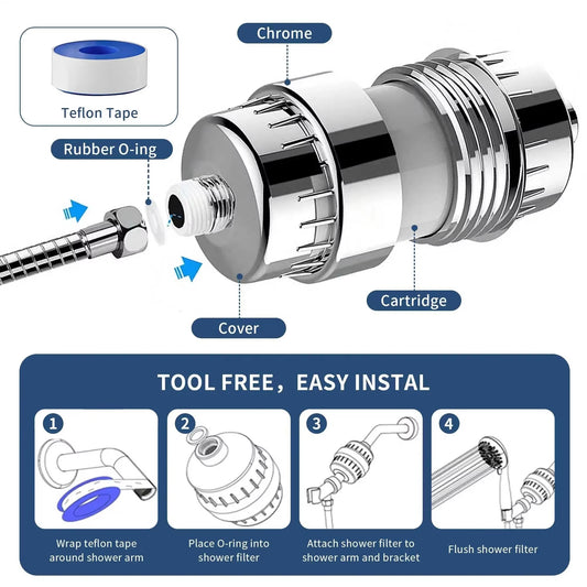 shower and tap filter for hard water with 15 stage | Water Softener for Bathroom | Hard Water Filter (Chrome, Pack of 1)